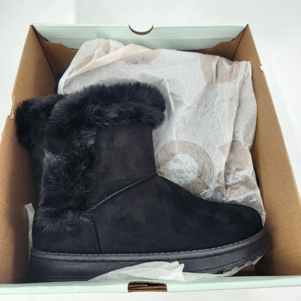 Paulina Womens Black Faux Suede Fur Trim Winter‎ Boots Mid Calf Slip On